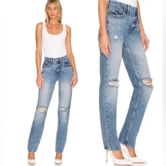 Good American Denim - Good American Good 90s Icon Straight Leg. Distressed Jeans Indigo065